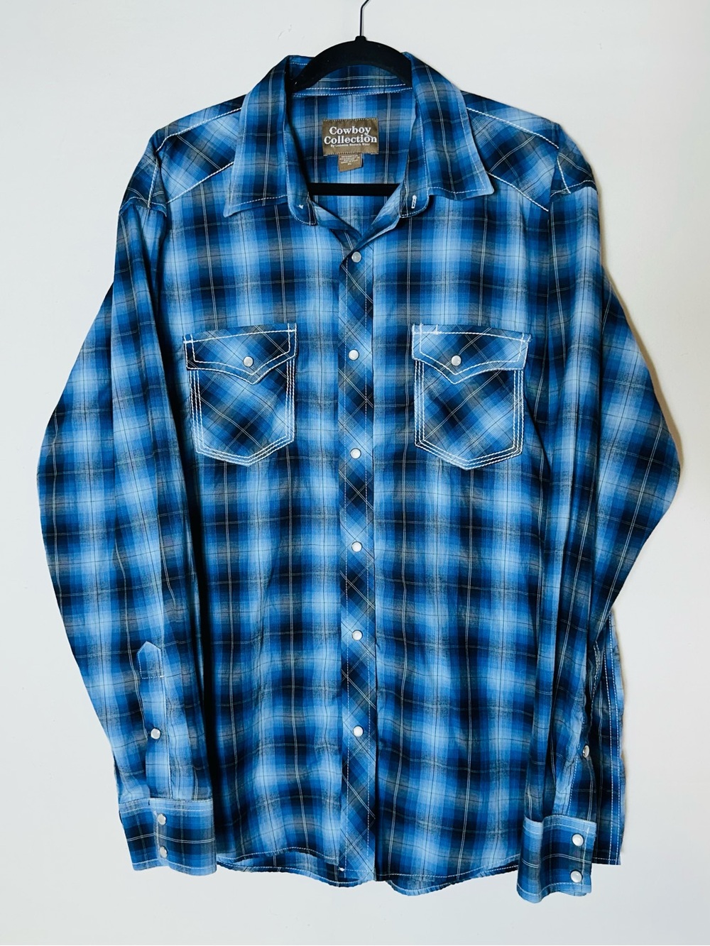 Vintage Y2K Lammles Cowboy Collection Blue Ombre Plaid Pearl Snap XL